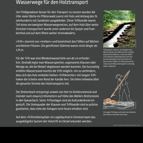 Ein Informationsplakat über Wasserwege für den Holztransport. Es enthält Text und Grafiken zum Thema Holzernte und -transport.