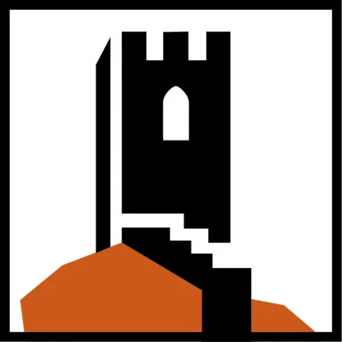 Ein stilisierter Turm auf einem orangefarbenen Hügel. Der Turm hat eine Fensteröffnung und befindet sich in einem schlichten, grafischen Design.