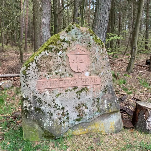 Ein großer, moosbedeckter Stein im Wald mit der Inschrift „St. Feiststraße“. Umgeben von Bäumen und Holzstapeln.