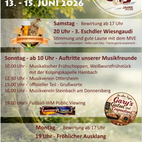 Ein Poster zum Musikfest in Esthal, das vom 13. bis 15. Juni 2026 stattfindet. Es zeigt verschiedene Veranstaltungen, darunter Auftritte von Musikvereinen und ein Fußball-WM Public Viewing.