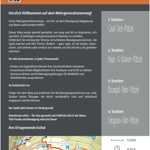 Ein Informationstafel über den Mehrgenerationenweg in Esthal. Es enthält Details zu Stationen, Aktivitäten und Distanz des Weges.