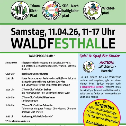 Ein Ankündigungsplakat für die Eröffnung des Mehrgenerationenweges mit Informationen zu Datum, Uhrzeit und Programm. Es wird ein Kinderprogramm und musikalische Unterhaltung angeboten.