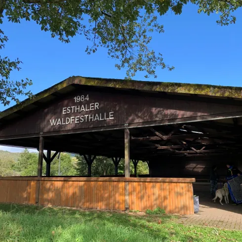Eine überdachte Halle mit Holzverkleidung, umgeben von Bäumen. Auf dem Dach steht die Beschriftung „Esthaler Waldfesthalle 1984“.