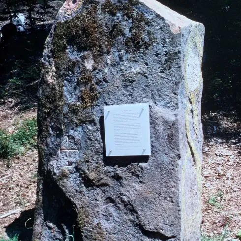 Ein großer, moosbedeckter Stein steht im Wald. Auf dem Stein befindet sich eine beschriftete Plakette.