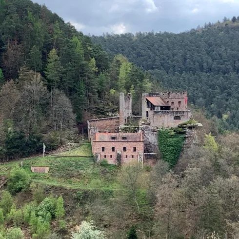 Hoch über grünen Wäldern thront die Burg Spangenberg, während graue Wolken der Szene eine geheimnisvolle, fast märchenhafte Stimmung verleihen.