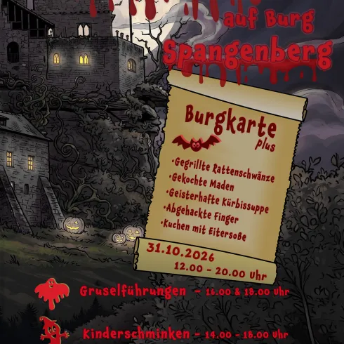 Ein gruseliges Halloween-Event auf der Burg Spangenberg mit verschiedenen Aktivitäten und Attraktionen. Die Atmosphäre ist düster mit einer schaurigen Burg im Hintergrund und Halloween-Dekorationen.