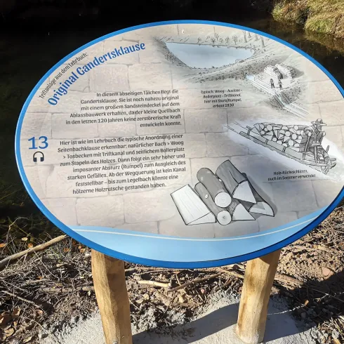 Ein Informationsschild am Ufer mit Illustrationen und Text über das ursprüngliche Umweltschutzziel. Es ist umgeben von Natur und Wasser.