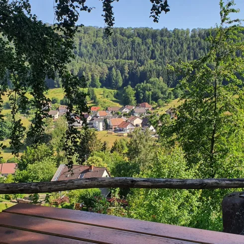 Eine malerische Aussicht auf ein Dorf umgeben von grünen Hügeln und Bäumen. Der Himmel ist klar und die Landschaft strahlt Ruhe aus.