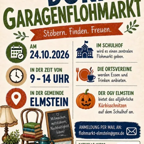 Ein Plakat für einen Dorfgaragenflohmarkt in Elmstein. Es enthält Details zum Datum, zur Uhrzeit und zu weiteren Aktivitäten.