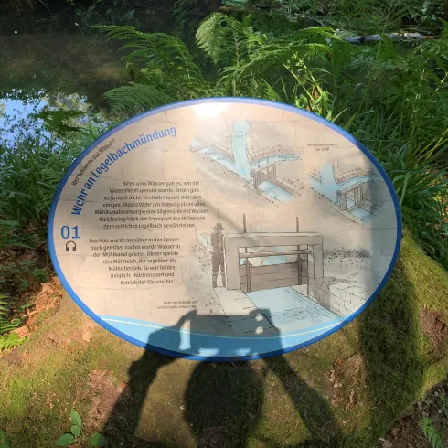 Ein Informationsschild steht auf einem moosbewachsenen Stein neben einem klaren Bach. Das Schild enthält eine Zeichnung und Informationen über den Wasserlauf.