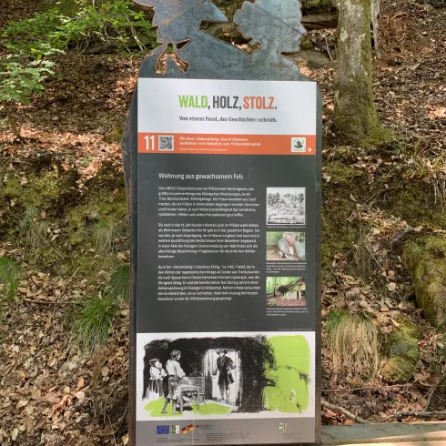 Ein Informationstafel im Wald mit dem Titel "Wald, Holz, Stolz". Sie zeigt Bilder und Text über die Nutzung und Bedeutung des Waldes.