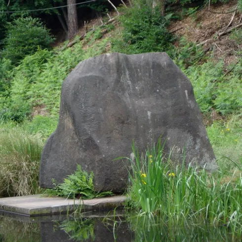 Ein großer Felsen steht am Ufer eines ruhigen Gewässers. Umgeben von grünen Pflanzen und Büschen verleiht er der Szene eine natürliche Atmosphäre.