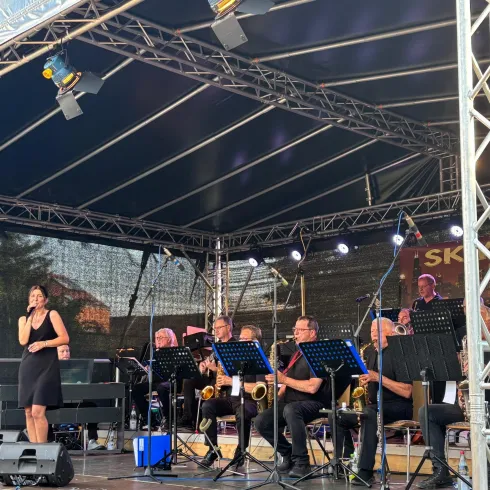 Eine Musikerin steht auf der Bühne und singt. Im Hintergrund spielt eine Band mit mehreren Musikern auf verschiedenen Instrumenten.