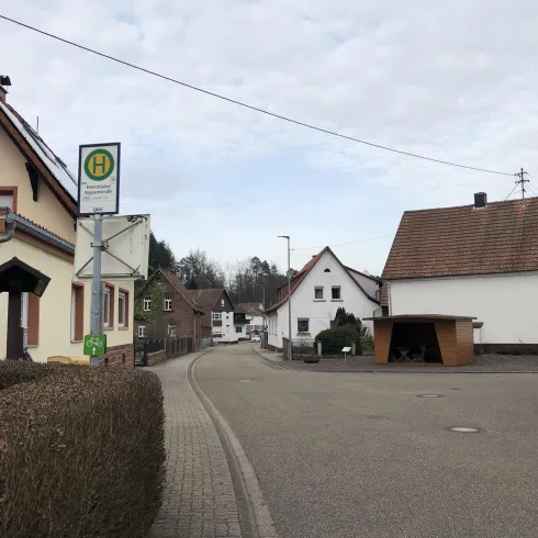 Eine Straßenansicht mit Wohnhäusern und einer Bushaltestelle. Der Himmel ist bewölkt und es ist ruhig in der Umgebung.