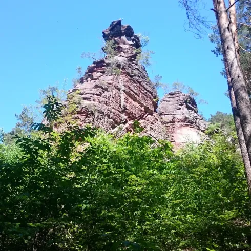 Der Hornstein von einem Wanderweg aufgenommen. Blauer Himmel die Sonne scheint.