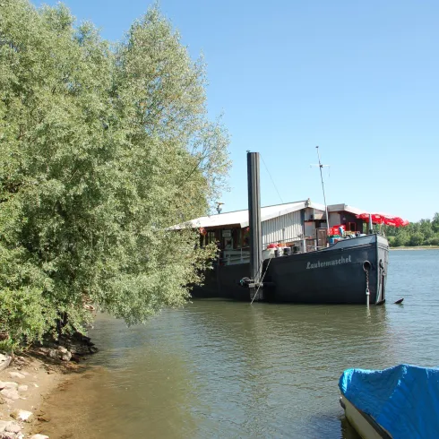 Ein Boot liegt am Ufer eines ruhigen Gewässers, umgeben von Bäumen. Im Hintergrund steht ein Gebäude mit roten Schirmen.
