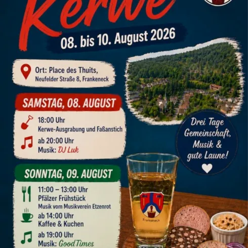 Ein Veranstaltungsplakat für die Frankeneker Kerwe 2026. Es zeigt Details zu Terminen, Aktivitäten und Angeboten wie Musik und Speisen.