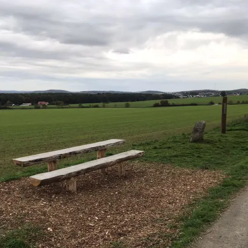 Eine ländliche Landschaft mit einem Holztisch und Bänken. Im Hintergrund erstrecken sich grüne Felder und Hügel unter einem bewölkten Himmel.
