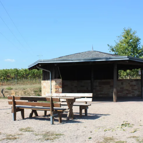 Ein Pavillon mit Sitzgelegenheiten steht vor einem Weinberg. Der Himmel ist blau und die Umgebung ist sonnig.