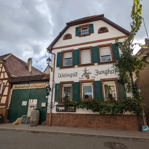 Ein charmantes Weingut mit traditioneller Fassade und grünen Fensterläden. Umgeben von anderen typischen deutschen Gebäuden und gemütlicher Atmosphäre.