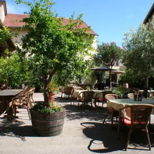 Ein einladender Innenhof eines Restaurants mit Tischen und Stühlen. Rundherum stehen grüne Pflanzen und kleine Bäume.