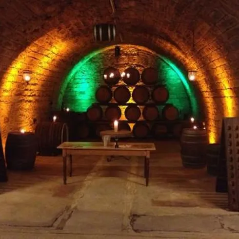 Ein gewölbter, aus Stein gemauerter Keller. Der Weinkeller wird mit Licht beleuchtet und die Weinfässer stehen an den Wänden, bis auf drei die mittig presentiert werden.
