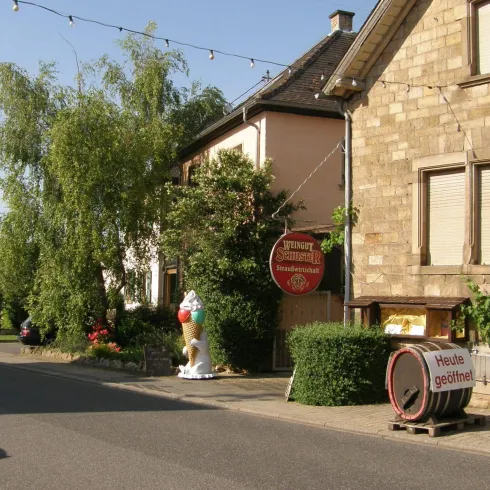 Die Ansicht von der Straße aus auf die Straußenwirtschaft.