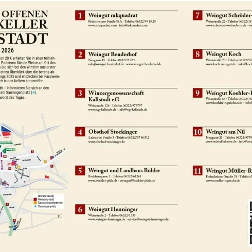 Eine Übersichtskarte für den "Tag der offenen Weinkeller" in Kallstadt am 21. und 22. März 2026. Es sind verschiedene Weingüter und deren Kontaktinformationen aufgeführt.