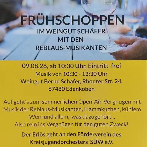 Ein Plakat des Lions-Clubs Offenbach mit Informationen zu einer Veranstaltung. Der Frühschoppen findet im Weingut Schäfer statt, Eintritt ist frei und es gibt Livemusik.