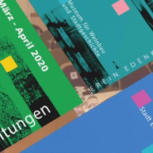 Eine farbenfrohe Ankündigung von Veranstaltungen in Edenkoben für März und April 2020. Die Gestaltung zeigt verschiedene Strukturen und künstlerische Elemente.