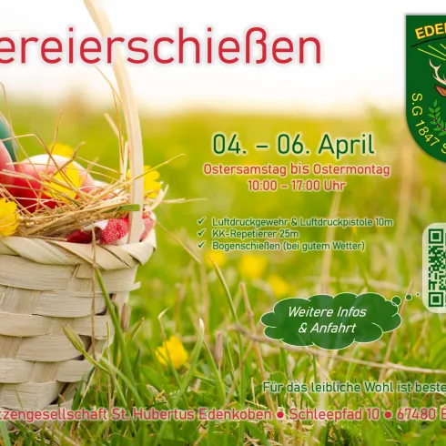 Ein Korb mit bunten Ostereiern liegt auf grünem Gras. Informationen zum Ostereierschießen in Edenkoben sind ebenfalls abgebildet.