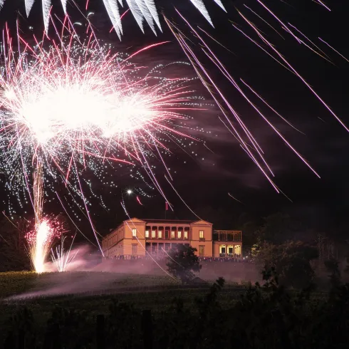 Ein beeindruckendes Feuerwerk erleuchtet den Nachthimmel über der Villa Ludwigshöhe in Edenkoben. Die bunten Funken reflektieren die festliche Atmosphäre.