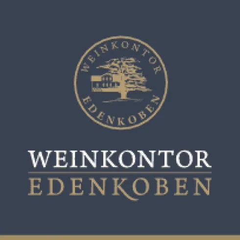 Ein elegantes Logo des Weinkontors Edenkoben. Es zeigt einen stilisierten Baum in einem runden Design.
