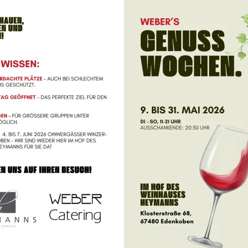 Ein Einladungskarte zu Weber's Genuss Wochen mit Informationen zu Veranstaltungen und Reservierungen. Das Datum ist vom 9. bis 31. Mai 2026, die Öffnungszeiten sind täglich von 11 bis 20 Uhr.