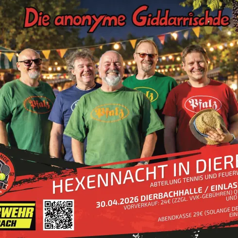 Eine Gruppe von vier Männern steht lächelnd vor einem festlich dekorierten Hintergrund. Sie tragen bunte T-Shirts und das Bild ist für eine Veranstaltung namens "Hexennacht in Dierbach" gestaltet.