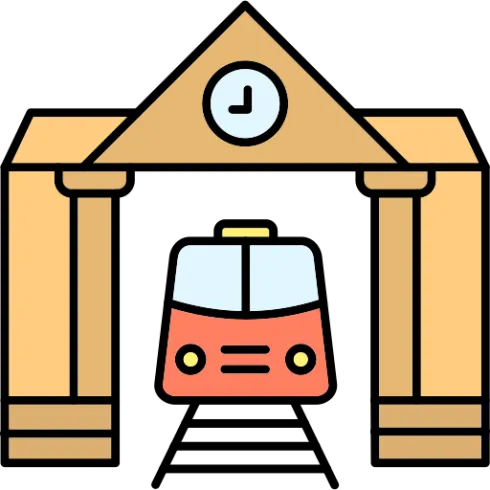 Ein stilisiertes Bahnhofsgebäude mit einem roten Zug darunter. Über dem Zug hängt eine Uhr an der gestrickten Dachkonstruktion.