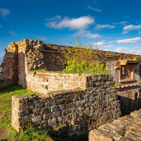 Eine alte Ruine aus Steinen, umgeben von grünem Gras und einem klaren Himmel. Die Elemente der Natur sind sichtbar und verleihen der Szene einen historischen Charme.