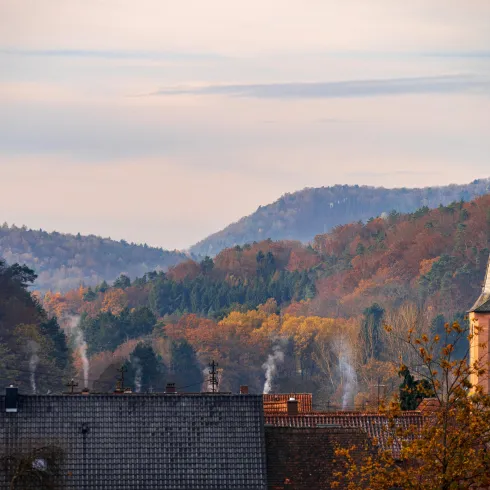 Eine malerische Landschaft mit sanften Hügeln und herbstlichen Farben. Im Vordergrund ist eine Kirche mit einem hohen Turm zu sehen.