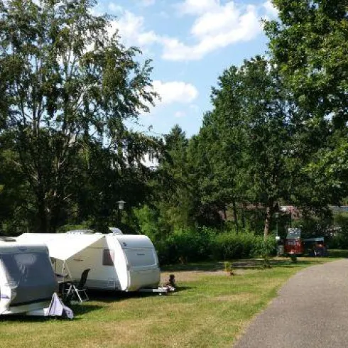 Ein ruhiger Campingplatz mit Wohnwagen, umgeben von Bäumen und grünem Gras. Der Weg führt zu weiteren Stellplätzen und strahlend blauem Himmel.