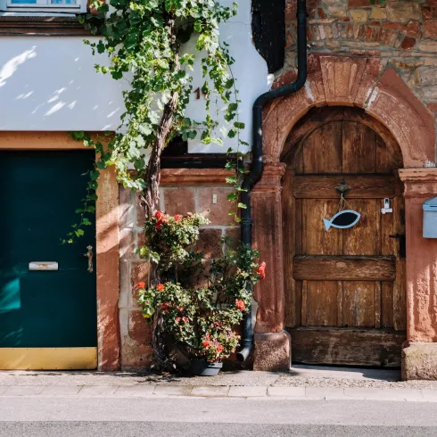 Ein charmantes Haus mit einer grünen Tür und einer altmodischen Holztür. An der Wand wachsen Pflanzen und Blumen, die der Szene Farbe verleihen.