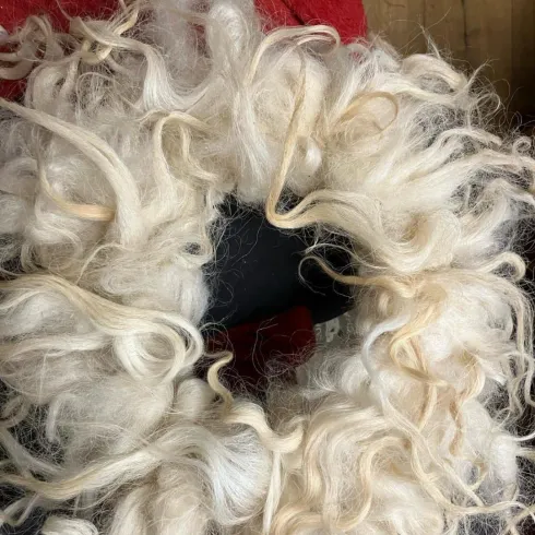 Eine große, lockige Haarpracht in hellen Farben. Die Struktur ist weich und voluminös.