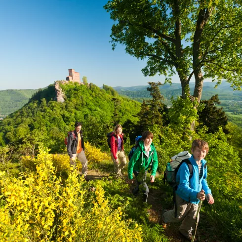 Wandernde Familie vor Burg Trifels