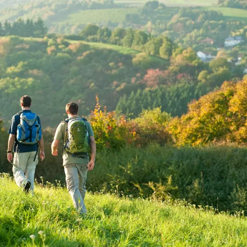 Zwei Wanderer ohne Gepäck auf dem Pfälzer Höhenweg