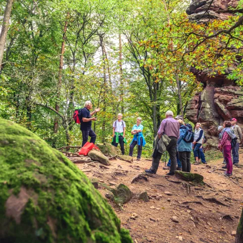 Pause bei bizarrer Felsformation im Pfälzerwald bei Hauenstein