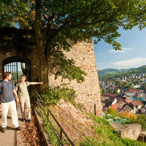 Ruine Neu-Wolfstein (© Dominik Ketz_Pfalz.Touristik) Wanderer auf der Burgruine Neu-Wolfstein