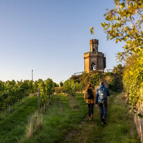 Zwei Wanderer auf dem Weg zum Flaggenturm bei Bad Dürkheim