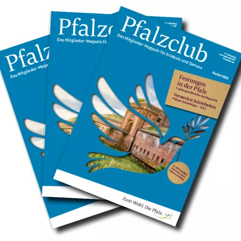 auf himmelblauem Hintergrund Schriftzug Pfalzclub Magazin und Geheimtipps Pfalz