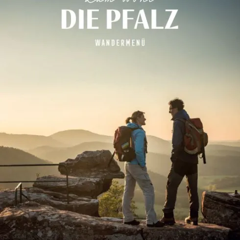 Ausblick vom Drachenfels zweier Wanderer im Pfälzerwald