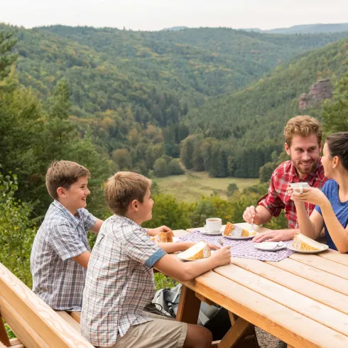 Familien-Einkehr mit Ausblick am Wanderheim Dicke Eiche bei Hauenstein