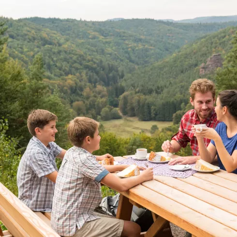 Familie bei der Rast am Wanderheim Dicke Eiche bei Hauenstein